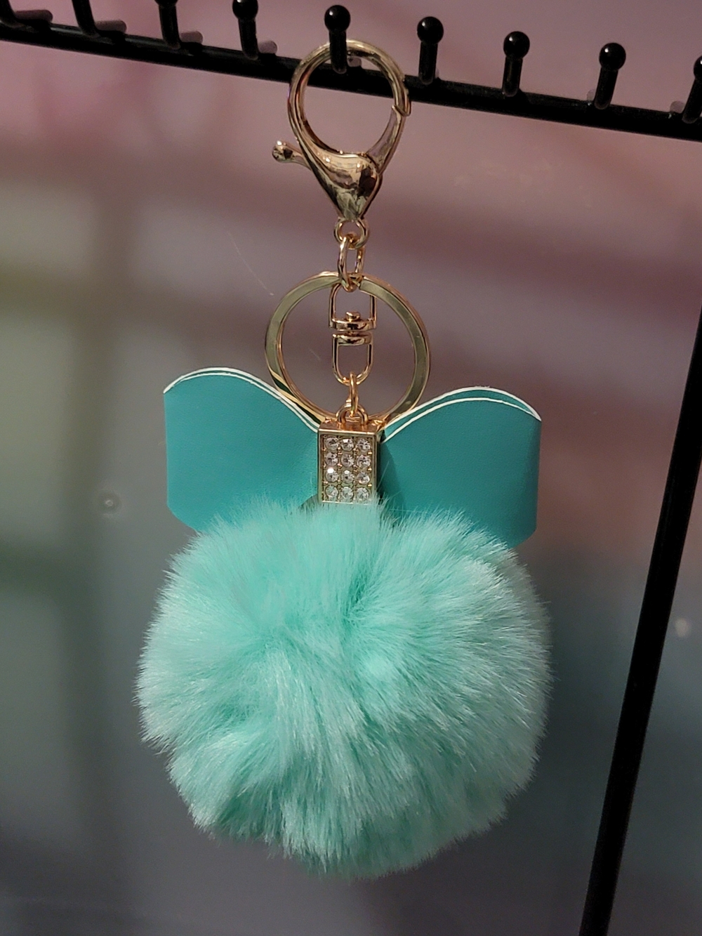 Gold Hardware Mint Green Pom-Pom Keychain with Bow Accent
